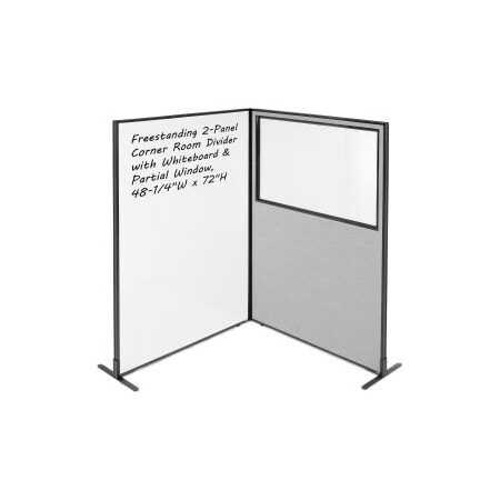 Global Equipment Interion    2-Panel Corner Room Divider with Whiteboard   Partial Window, 48-1/4"W x 72"H, Gray 695178GY
